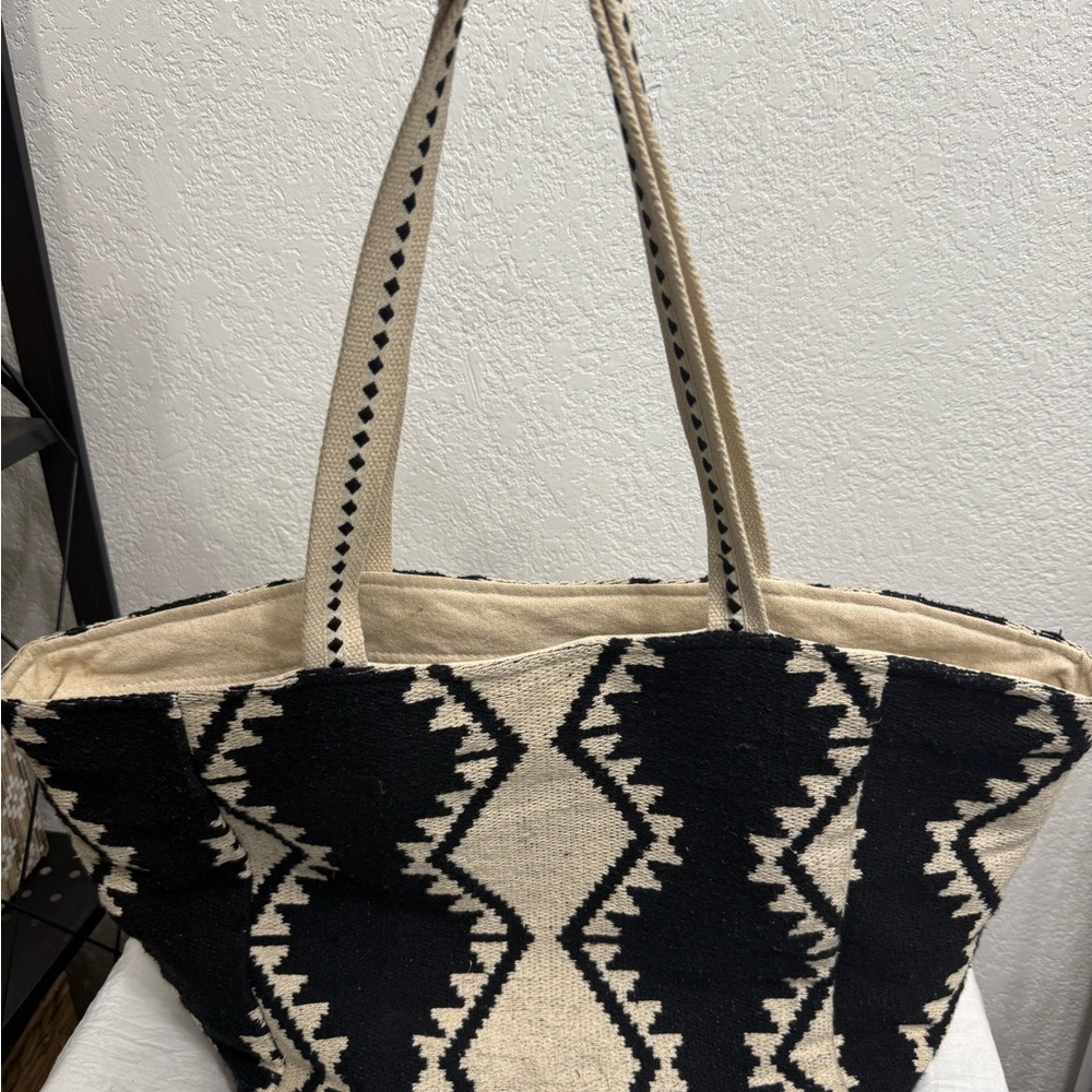 Chic Boho vibes Black and Cream Patterned Tote Bag